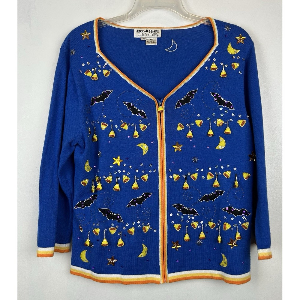 Vintage Halloween Embroidered Cardigan Sweater Womens Medium Blue Jack B Quick